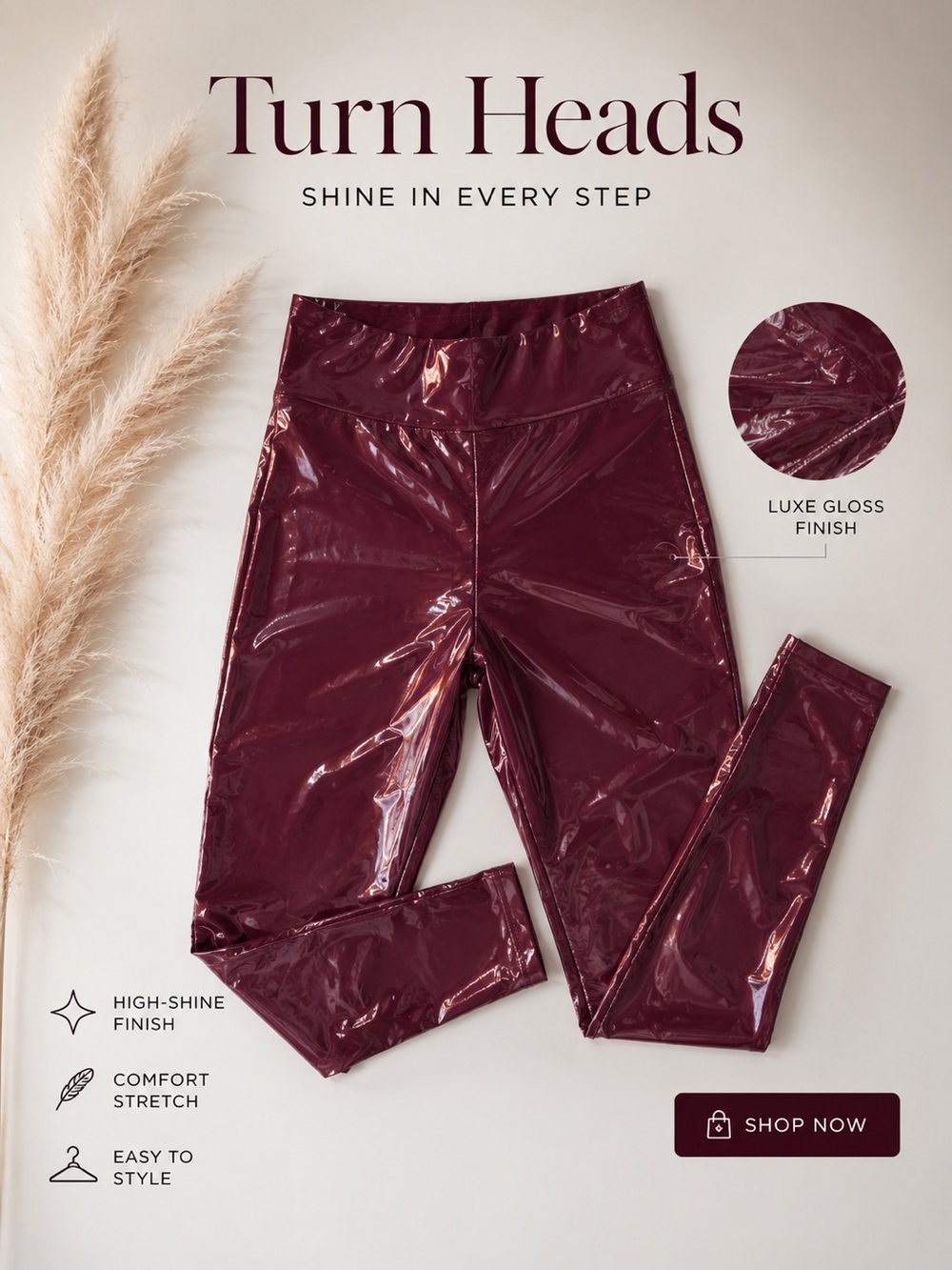 Luxe Gloss Finish High-Waist Leggings - Deep Wine